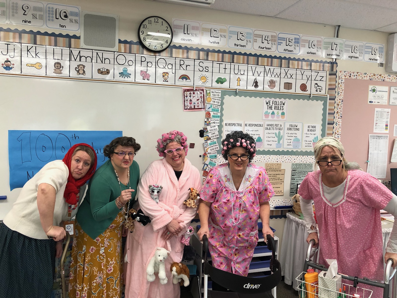 Teachers dressed up as old ladies.