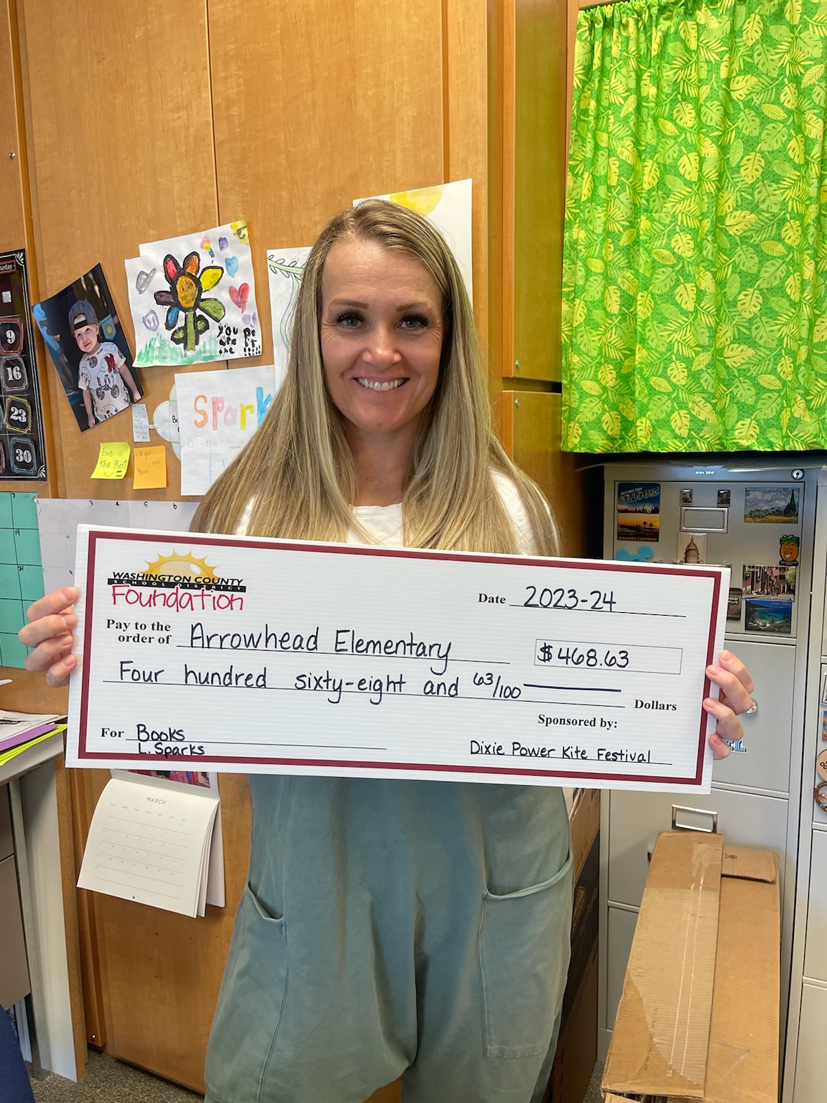 Mrs. Sparks received a Foundation Grant for the 2023-24 school year. Thank you Dixie Power Kite Festival for new books for our classroom.
