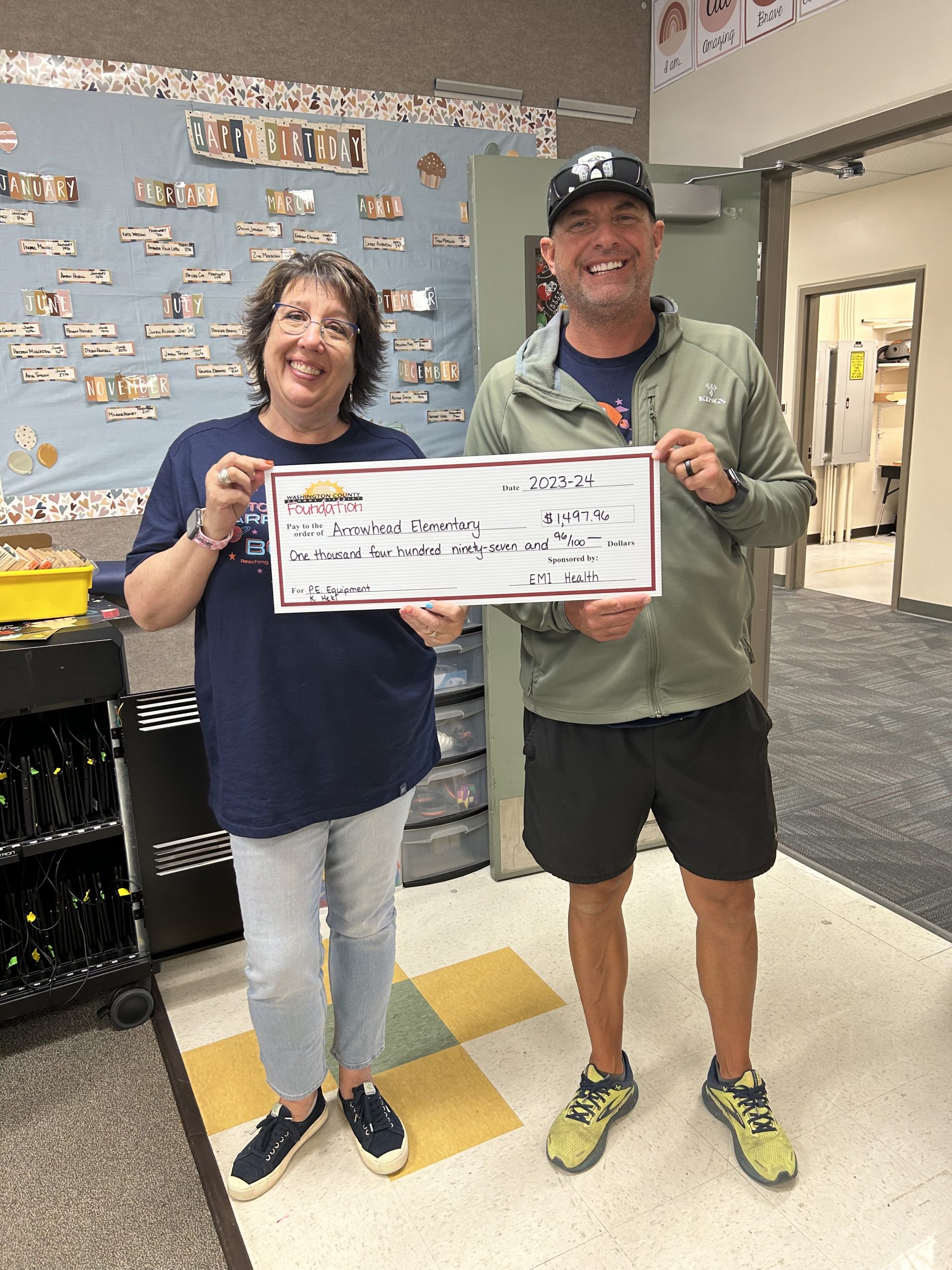 Coach Cather and Mrs. Heki received a Foundation Grant for the 2023-24 school year. Thank you, EMI Health, for the new PE equipment.