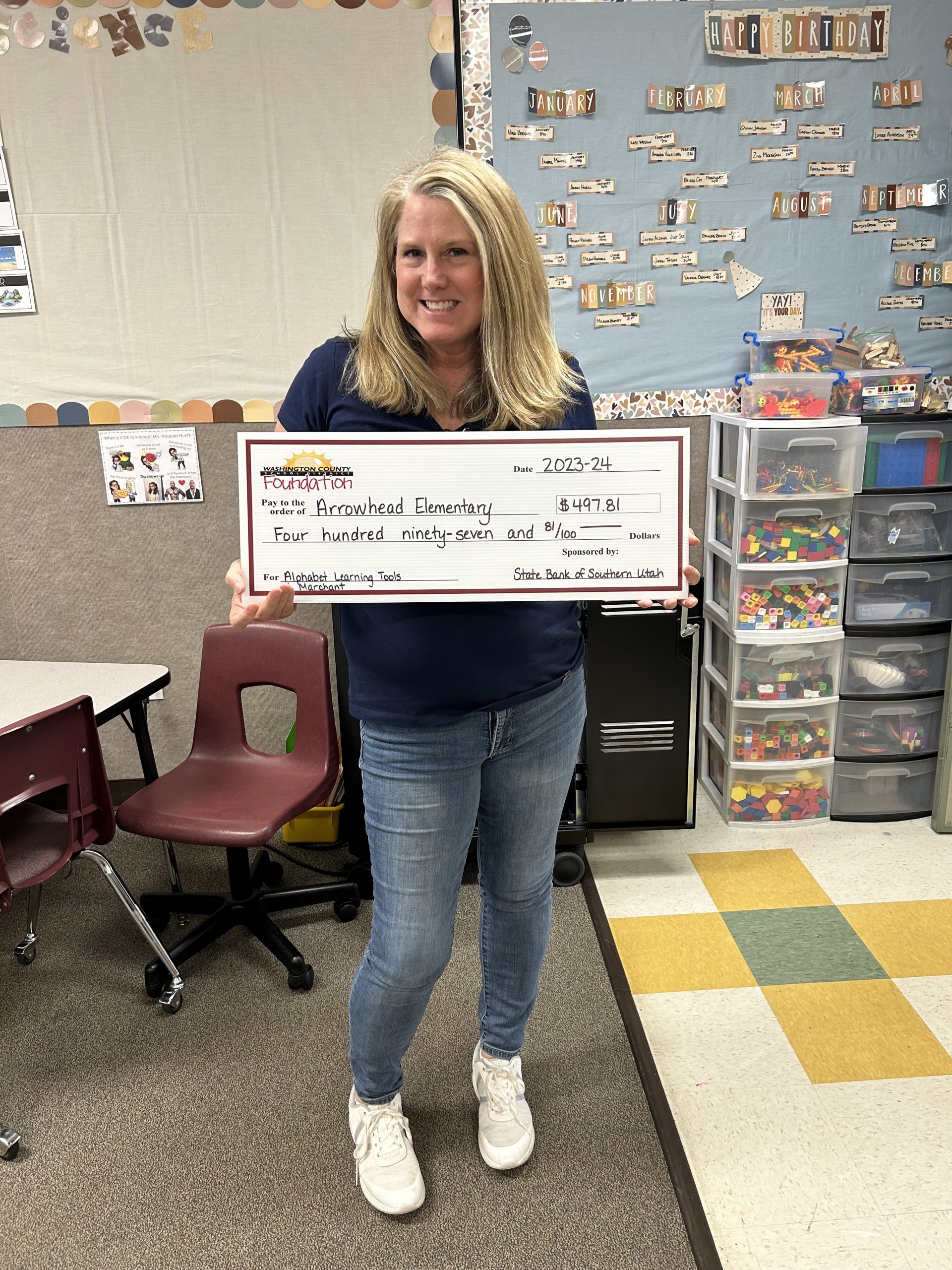 Mrs. Marchant received a Foundation Grant for the 2023-24 school year. Thank you, State Bank of Southern Utah, for the alphabet learning tools.