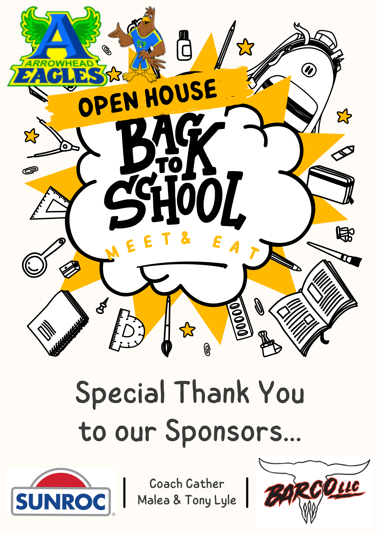 Thank you to our sponsors for the Back To School Meet and Eat, SunRoc, Coach Cather, Malea and Tony Lyle, and Barco LLC. 