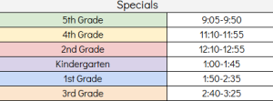 Specials Schedule k-5
